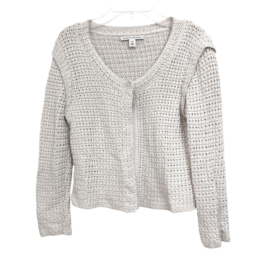 Banana Republic Petite S Cream Cotton Open Front Crochet Knit Cardigan Sweater